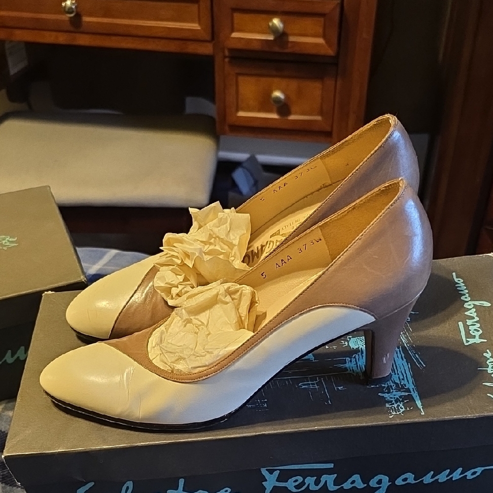 Salvatore Ferragamo Women's Beige and White Heels